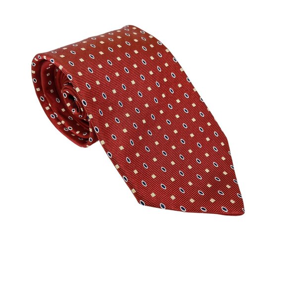 Ermenegildo Zegna Red Silk Tie With Navy Oval & Yellow Square Pattern Geometric - Picture 4 of 4